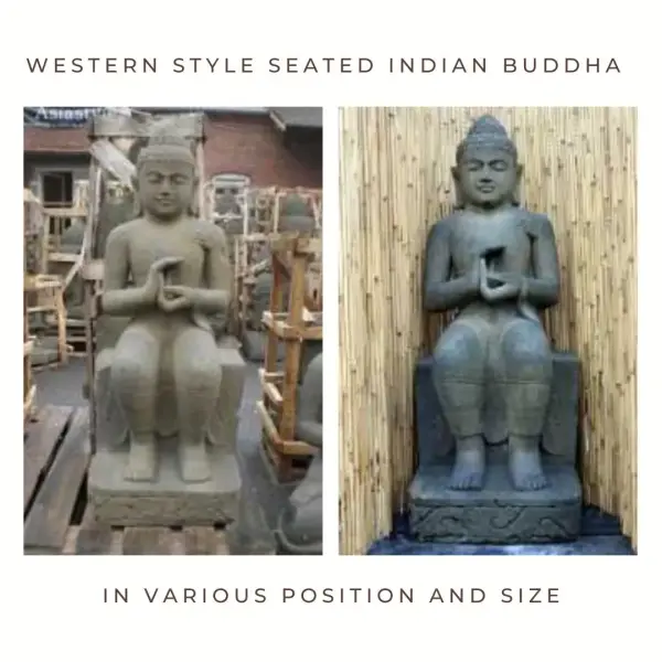 Product image 1 of the product “Western style seated Indian Buddha, in the sizes from 75cm to 130cm, Folded hands and Turning the wheels models, antique finish ”